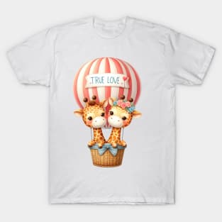 Valentine Giraffe Couple On Hot Air Balloon T-Shirt